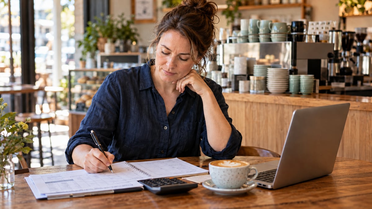 Café owner reviewing a weekly wage budget with a laptop, calculator and planning sheet.
