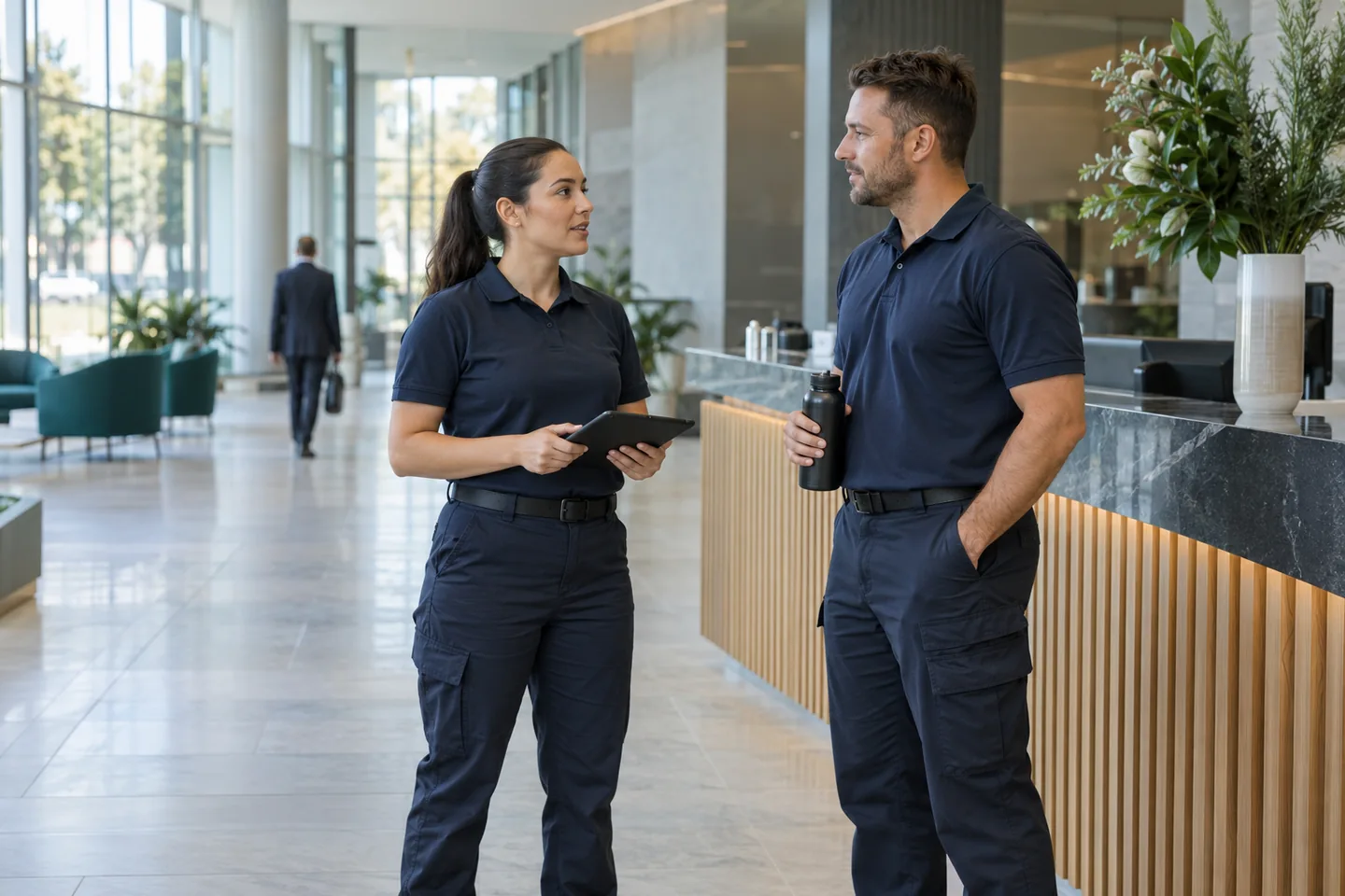 Two security team members discussing a shift handover in a commercial building lobby