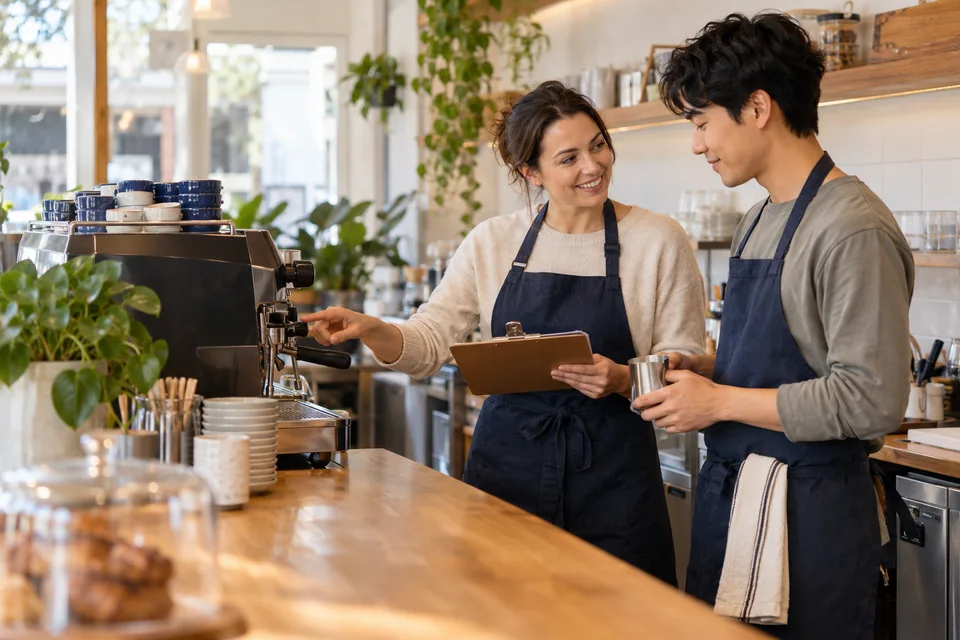Café supervisor introducing a new team member to the espresso station and first-shift checklist